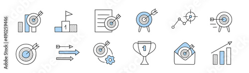 Business target doodle icons. Concept of work strategy, focus, goals. Vector set of hand drawn symbols of dartboard with arrow in center, award and growth chart isolated on white background