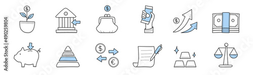 Finance icons of money exchange, bank, payment, credit and investment. Vector doodle signs of currency, piggy bank, wallet with coins, graph, ingot, plant and scales