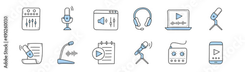 Podcast doodle icons with microphone, audio record, headphones and sound studio tools. Vector hand drawn signs of online broadcast, radio talk show isolated on white background