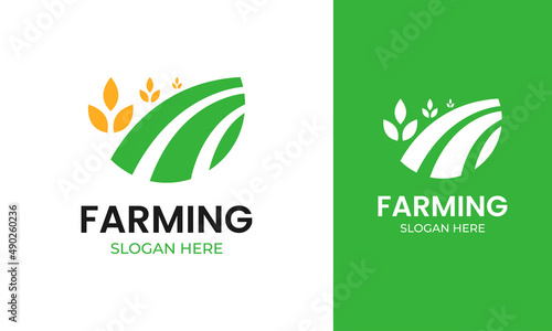 Simple farming logo design with field and wheat icon