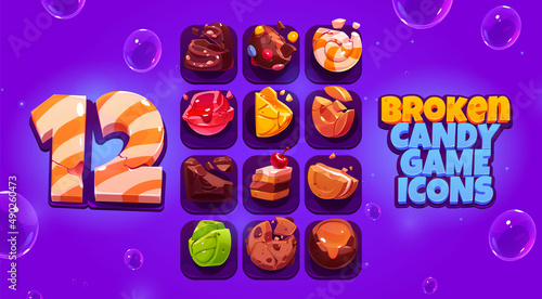 Broken candy game icons, cartoon crushed sweets with bites and crumbles. Chocolate truffle, dragee, praline, caramel, lollipop, toffee, cake, sandwich cookie and lemon slice, ui vector elements set