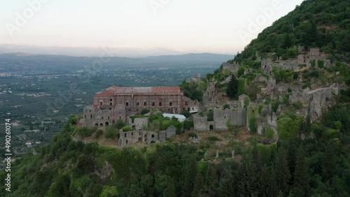 Historic Building Of Despot's Palace - Palace of Byzantine Emperors At Archaeological Site Of Mystra In Laconia, Peloponnese, Greece. - aerial photo