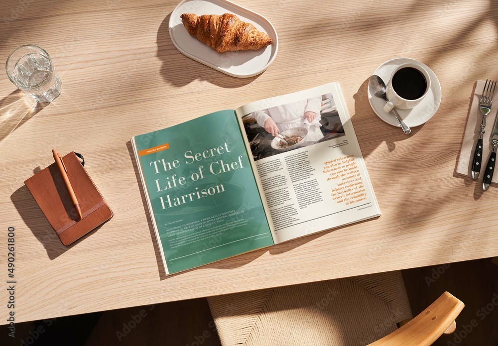 Opened A4 Magazine Mockup on Wooden Table Stock Template | Adobe Stock