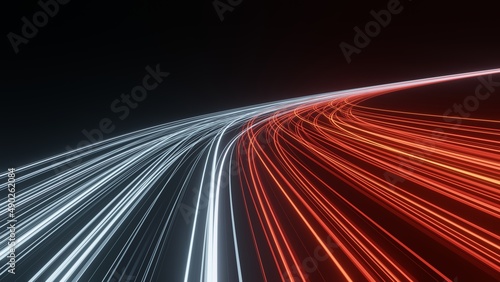 3D Rendering of curved blue and red light path trail. Concept of way to success, business plan, goals and achievement, advanced technology evolution photo
