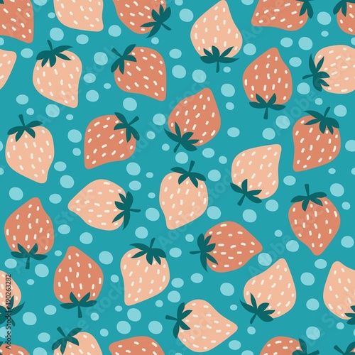 Seamless pattern with cute strawberries. Cheerful design for textiles, wallpaper and packaging.