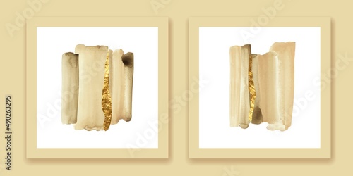 Beige, ivory, brown watercolor wall art. Elegant, chic diptych with golden strokes. Abstract forms composition.