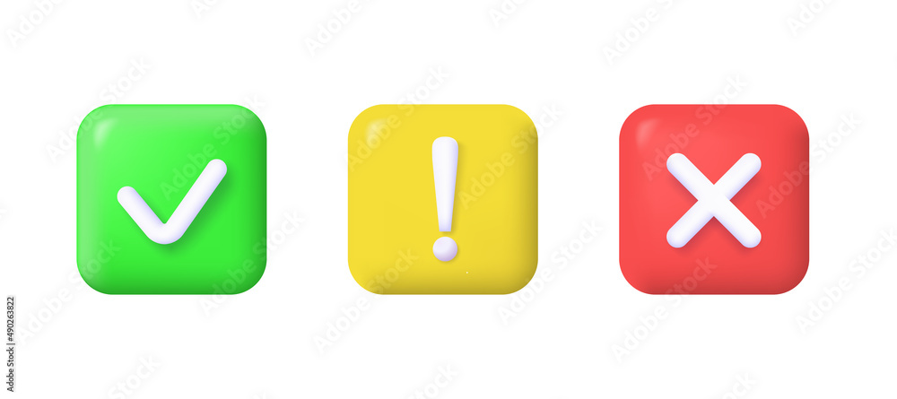 Yes, no and attention icon. 3d vector illustration isolated on white background. Yes, no and attention icon. 3d vector illustration isolated on white background.
