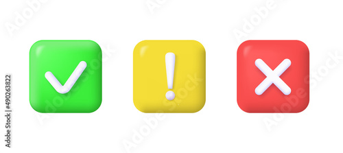 Yes, no and attention icon. 3d vector illustration isolated on white background.