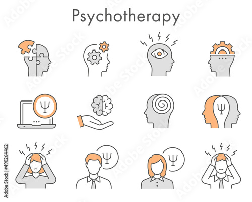 Psychology icon set. Collection of psychotherapy, brain, emotion, doctor and more. Vector illustration. Editable Stroke.