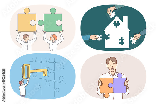 Set of smiling businesspeople connect jigsaw puzzles find solution to business problem or dilemma. Collection of happy people find answer or key to trouble or issue. Flat vector illustration. 
