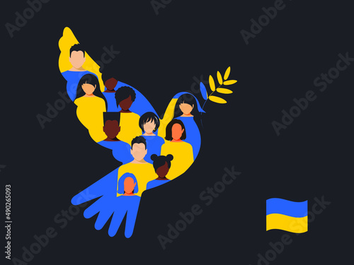 People from different countries support Ukraine and believe in victory. Horizontal poster with a dove of peace on a black background. Peace to Ukraine. vector