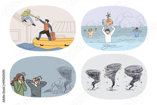 Set of unhappy frustrated people feel scared on natural disaster flooding or typhoon. Collection of confused men and women rescue from homes suffer from catastrophe. Vector illustration. 