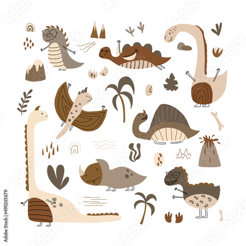Dinosaurs vector set in cartoon scandinavian style. Colorful cute baby illustration is ideal for a children's room.