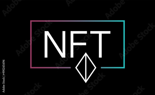 NFT Blockchain type crypto banner vector design with dark cyber neon theme. Non Fungible Token background template.
