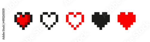 Pixel red love heart icon design template. Arcade game energy health low to full life symbol. Romance valentine art.