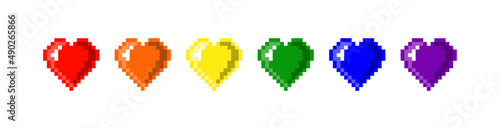 Pixel colorful love icon design template. Arcade game symbol. Red, orange, yellow, green, blue, and purple colors. Lgbt pride hearth illustration.