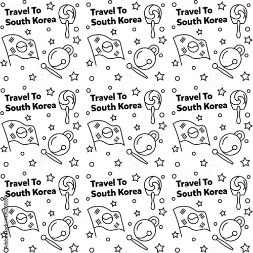 Travel to South Korea doodle seamless pattern vector design. Kimchi, Map, Flag icons identic with south Korea