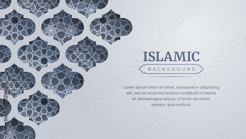 Islamic Arabic White Arabesque Background with Geometric Patterns and Copy Space