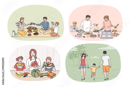 Collection of smiling loving parents and little kids have fun relax enjoy weekend together. Set of happy young family with children rest spend leisure time cooking. Parenthood. Vector illustration. 