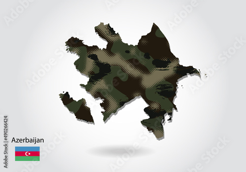 azerbaijan map with camouflage pattern, Forest / green texture in map. Military concept for army, soldier and war. coat of arms, flag.