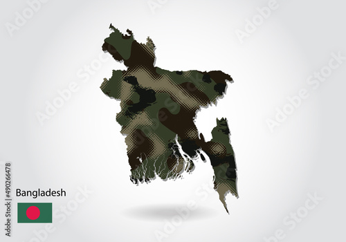 bangladesh map with camouflage pattern, Forest / green texture in map. Military concept for army, soldier and war. coat of arms, flag.