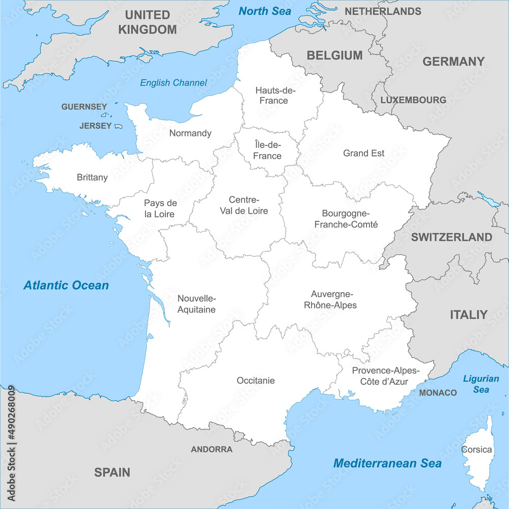 Political map of France with borders with borders of regions