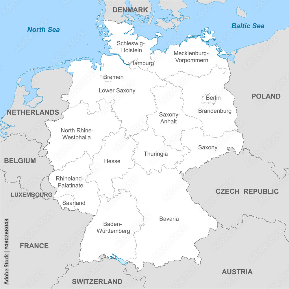 Political map of Germany with borders with borders of regions