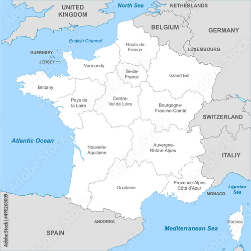 Political map of France with borders with borders of regions
