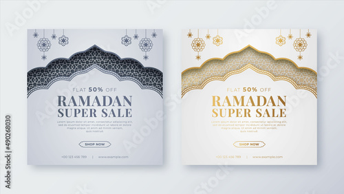 Ramadan Kareem Eid Sale Banner Template Design in Islamic Arabic Style with Luxury Golden Ornaments