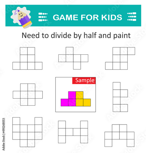 Logical puzzle game. Attention tasks for children. Need to divide by half and paint