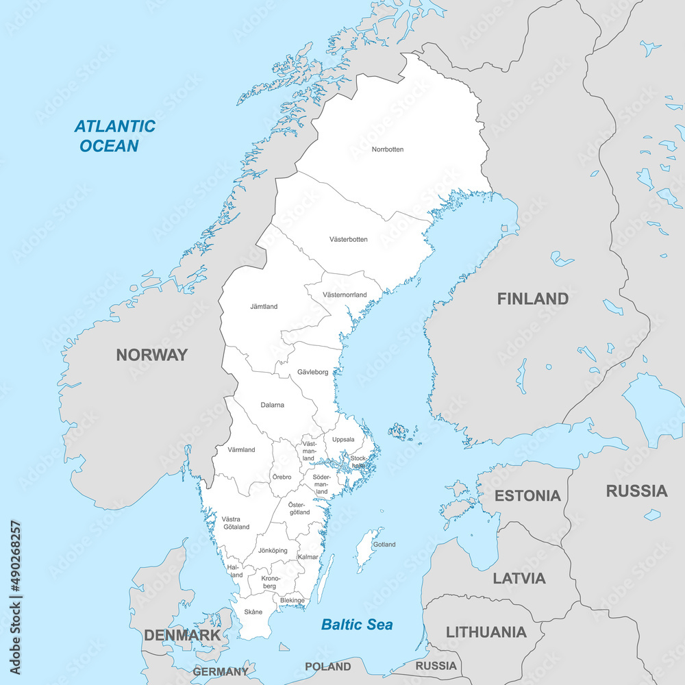 Political map of Sweden with borders with borders of regions