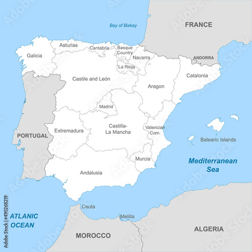 Political map of Spain with borders with borders of regions