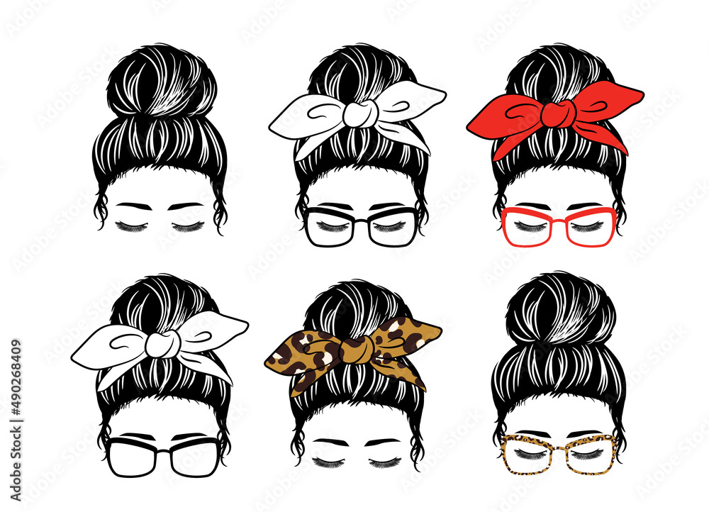 Fototapeta premium Mom with a Messy Bun, Mom lifestyle, Women face silhouette with hair bun and bandana bow bundle