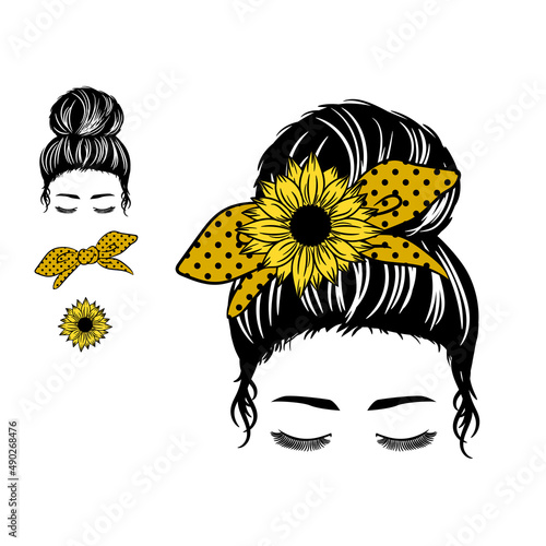 Girl with a Messy Bun, Momlife sunflower bow, Silhouette of a woman face with messy hair in a bun with flowers