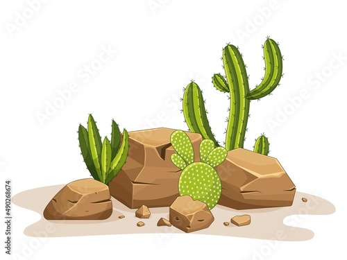 Cactus with thorns and stones. Mexican green plant with spines and rocks. Element of the desert and southern landscape. Cartoon flat vector illustration. Isolated on white background.