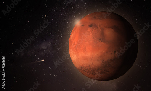 Planet Mars on Outer Dark Space. Mars 3d Red Planet in Dark universe with space stars and Particle. Science and Astrology 