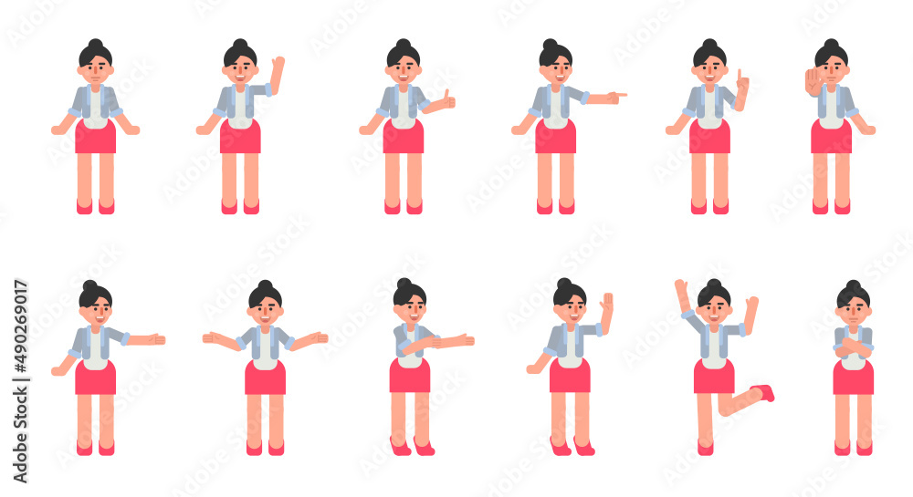 Set of woman characters showing various hand gestures. Cheerful businesswoman showing thumb up, greeting, victory sign and other gestures. Modern vector illustration