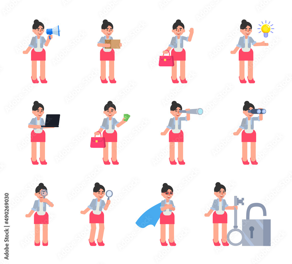 Set of businesswoman characters in various situations. Woman holding loudspeaker, package box, spyglass, magnifier, money and other actions. Modern vector illustration