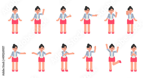 Set of woman characters showing various hand gestures. Cheerful businesswoman showing thumb up, greeting, victory sign and other gestures. Modern vector illustration