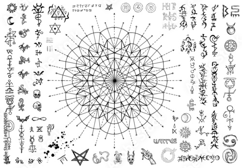 Black and white design set with fantasy mystic symbols and signs isolated on white background. Halloween hand drawn vector illustrations with esoteric, occult and gothic concept