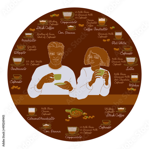 Man and woman with collection of different coffee drinks. Vector.