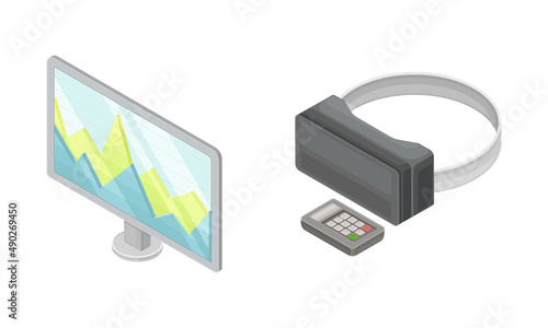 Virtual reality concept. Computer and vr glasses, hi-tech technology concept isometric vector illustration
