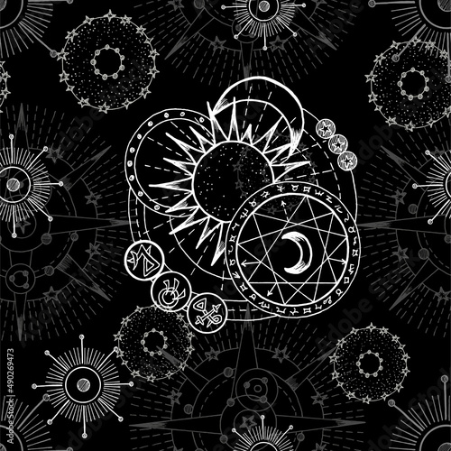 Celestial seamless pattern with fantasy mystic symbols and signs of sun and moon. Hand drawn vector illustrations with esoteric, occult and gothic concept