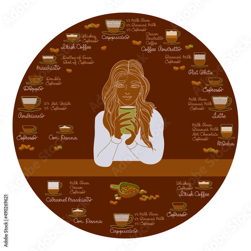 Young woman with collection of different coffee drinks. Vector illustration.