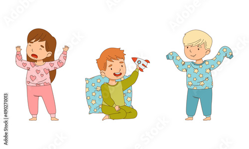 Kids in pajamas preparing for sleep cartoon vector illustration
