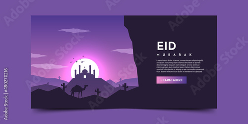 Eid mubarak night sky landscape background illustration template design