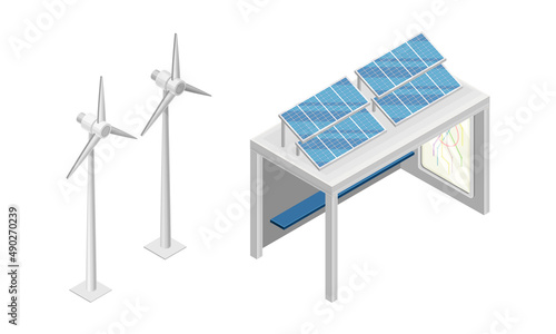 Wind power turbines, solar panels. Eco energy isometric vector illustration