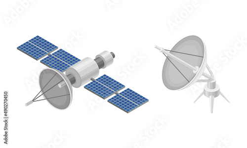 Space orbital satellite and dish antenna, wireless communication equipments isometric vector illustration