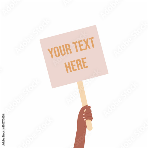 Caucasian white woman lift up a sign with blank space for your text. Concept of demonstration and advertisement. Empty space for any information. Ready for web banners, print.  Vector illustration