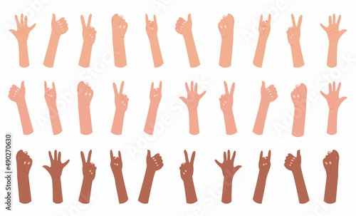 Collection of multiracial hands with different gestures. Set for creating your own web banner or poster. Vector illustration